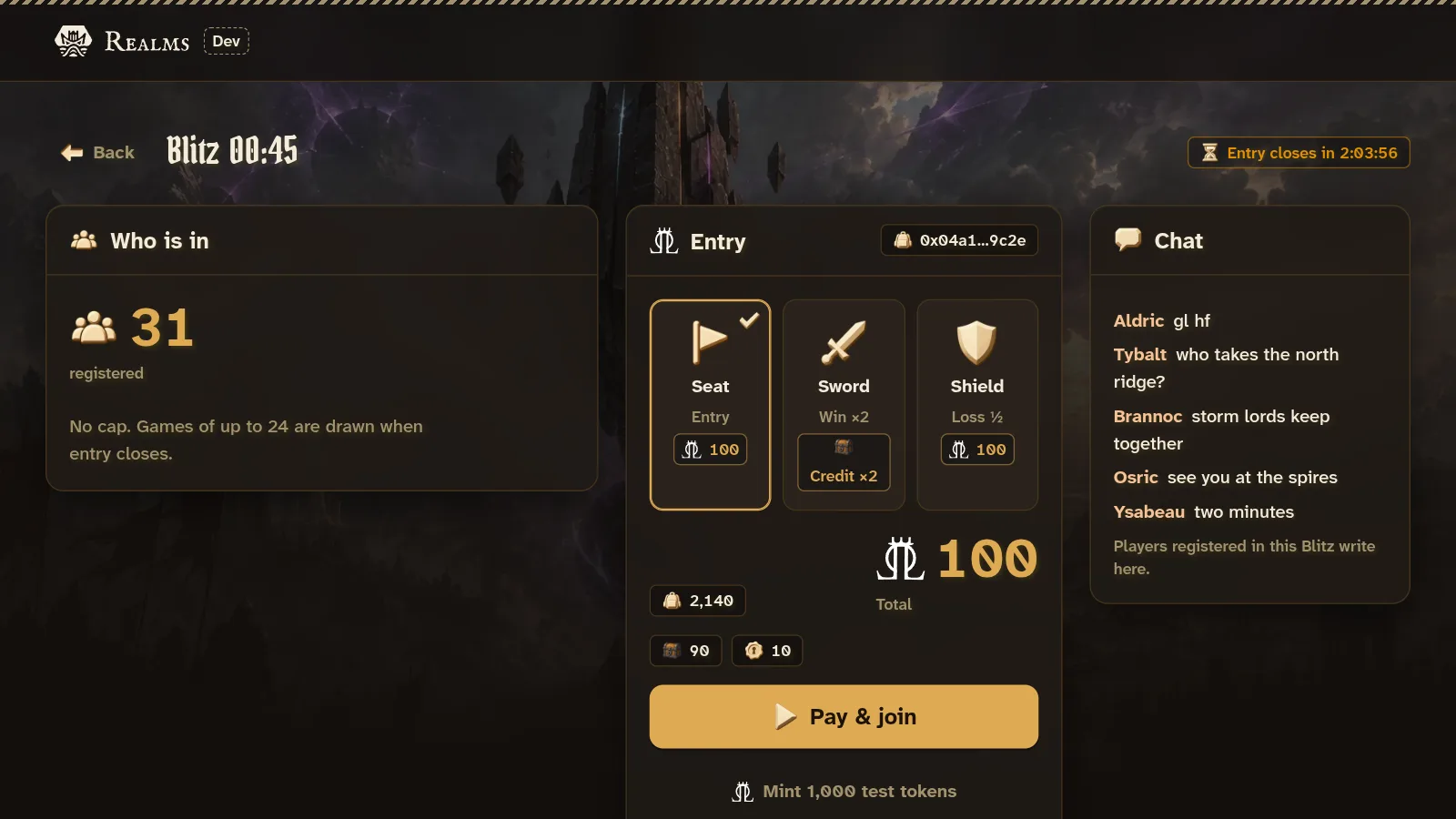 A slot's entry: the seat, the sword and the shield, the total, and Pay & join.