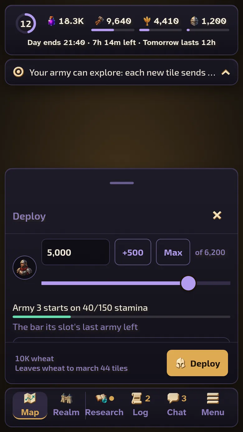 Deploying on a phone: how many troops, the stamina the slot gives them, and the wheat it costs.