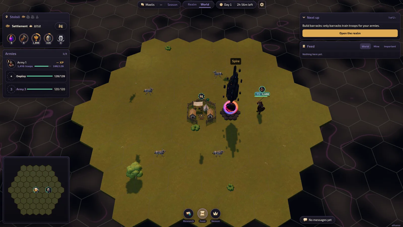 Frontier on a desktop: your realm and its armies on the left, the feed on the right, the minimap below.
